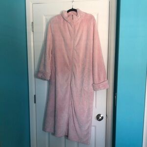 Cozy Long Plush Pink Robe House Coat with Stand Collar